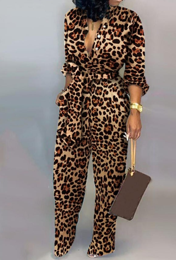 Leopard Print Button Design Wide Leg